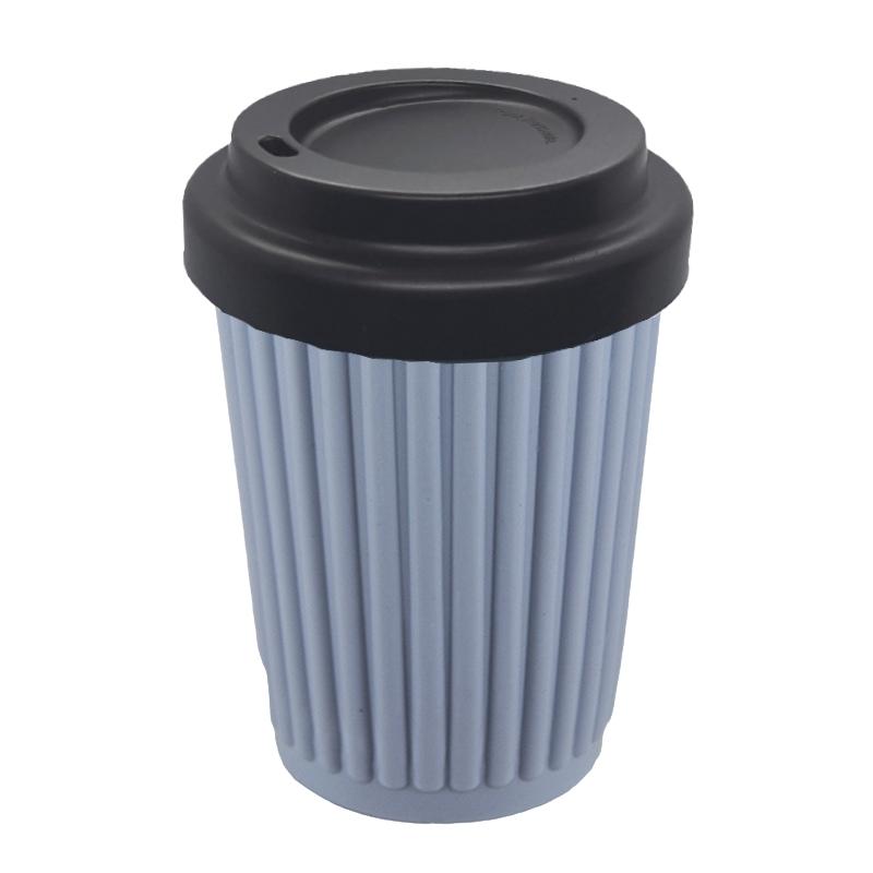12 oz Onya reusable coffee cup Grey Blue cup with Black lid. Available at Green Distributors.