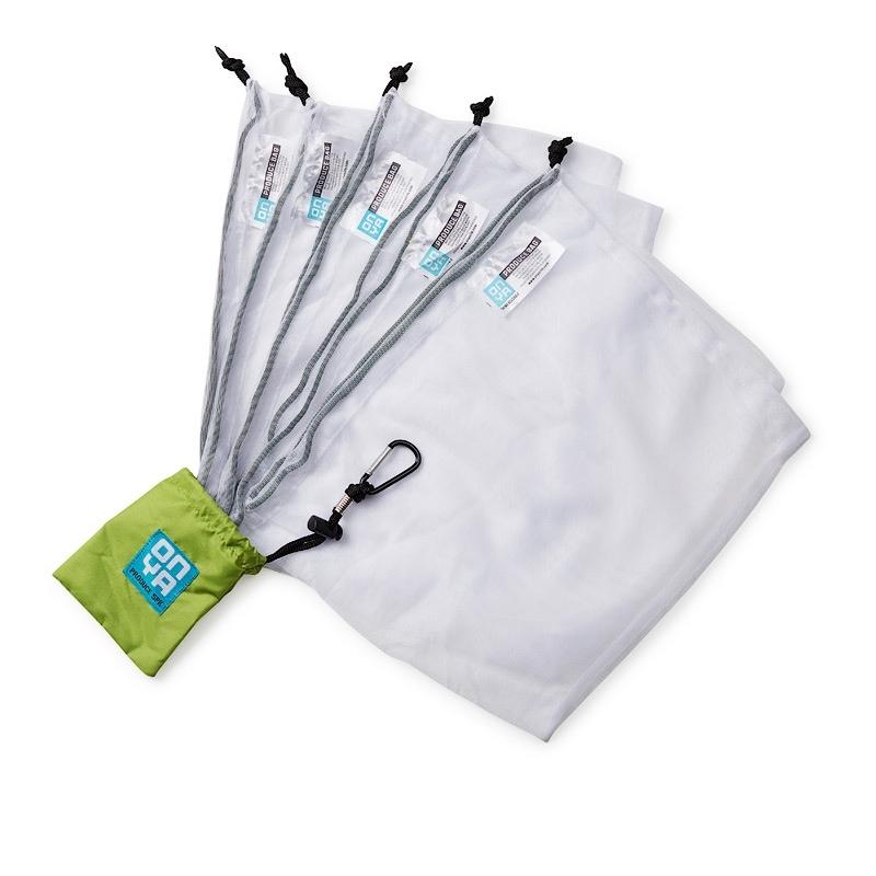 5 pack of Onya reusable produce bag with easy carry apple green pouch with carabiner.  Available at Green Distributors.
