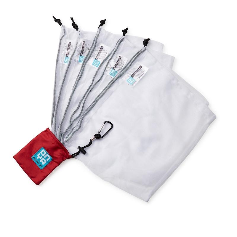 5 pack of Onya reusable produce bag with easy carry chili red pouch with carabiner.  Available at Green Distributors.