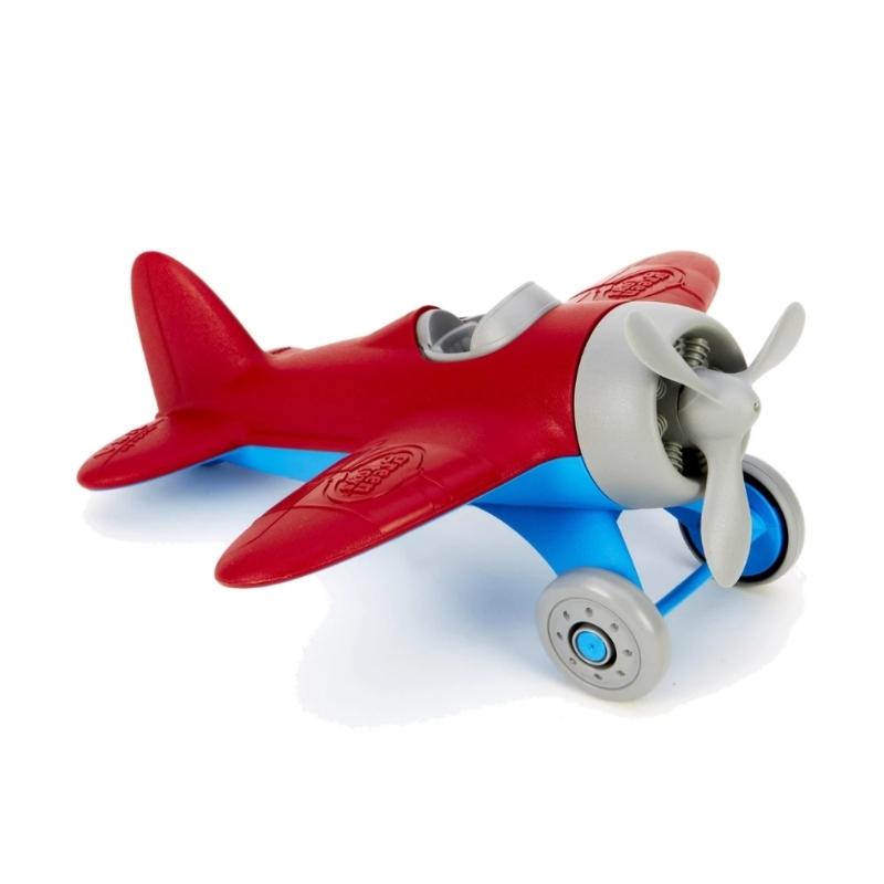 Green Toys Airplane with red wings, blue landing gear, gray propeller, cockpit, and wheels. The airplane is facing to the right. Available at Green Distributors.