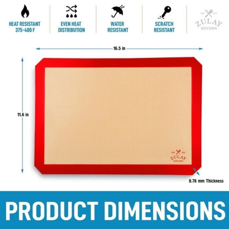 Image demonstrating the product dimensions of Zulay Kitchen silicone reusable baking mat (16.5 x 11.6" x 0.76mm thickness). Image also lists Heat Resistance (375-400F), Even heat distribution, Water resistant, and Scratch resistant. Available at Green Distributors.