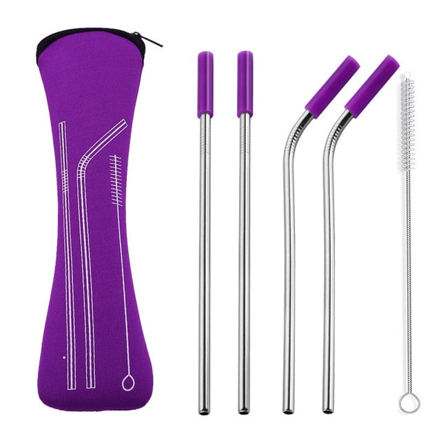 4pk Stainless Steel Reusable Straws with Colorful Silicone Tips Free Cleaning Brush, Carrying Case Included - Green Distributors