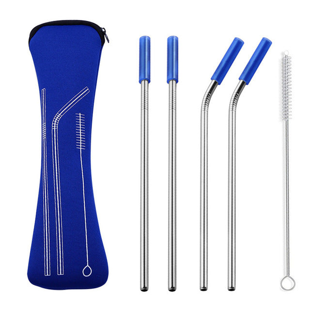 4pk Stainless Steel Reusable Straws with Colorful Silicone Tips Free Cleaning Brush, Carrying Case Included - Green Distributors