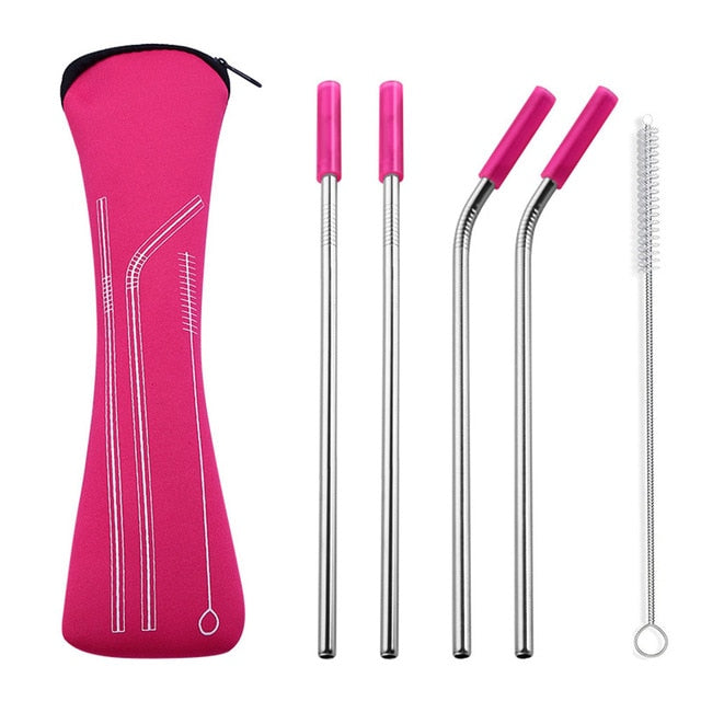 4pk Stainless Steel Reusable Straws with Colorful Silicone Tips Free Cleaning Brush, Carrying Case Included - Green Distributors