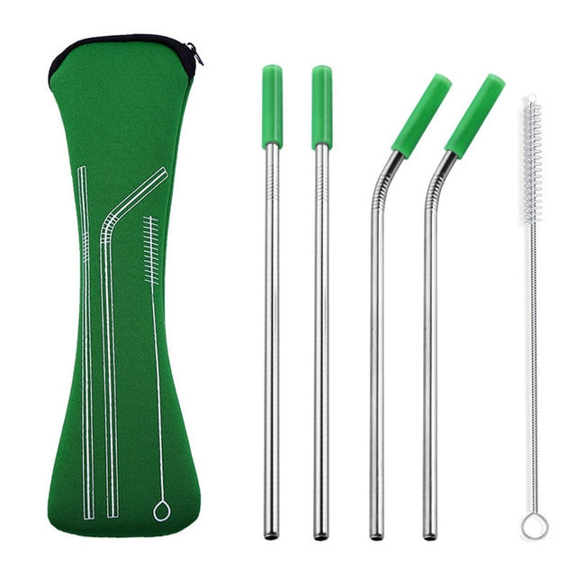 4pk Stainless Steel Reusable Straws with Colorful Silicone Tips Free Cleaning Brush, Carrying Case Included - Green Distributors