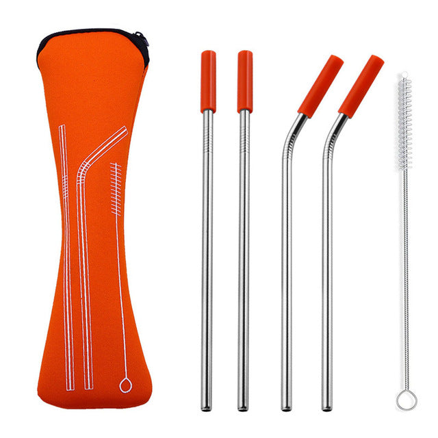 4pk Stainless Steel Reusable Straws with Colorful Silicone Tips Free Cleaning Brush, Carrying Case Included - Green Distributors