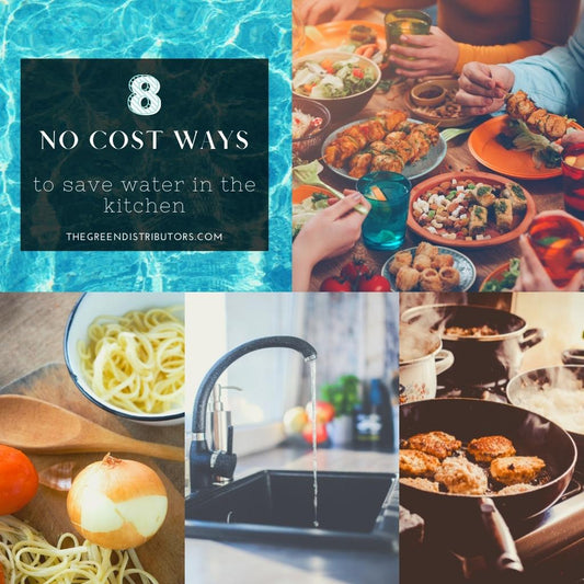 Collage of images such as a swimming pool of water, a sink with water running, and meals being prepared and eaten.