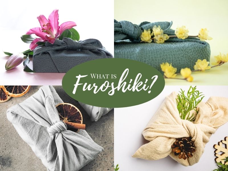 artfully arranged collage of gifts beautifully wrapped with fabric furoshiki cloth and decorated with organic items such as flowers, dried blood orange slice, herb sprig, and pine cone