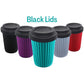 Onya 12 oz reusable coffee mugs with black lids. Cup color options featured are: Black, Purple, Aqua Blue, Gray Blue, and Red. Available at Green Distributors.