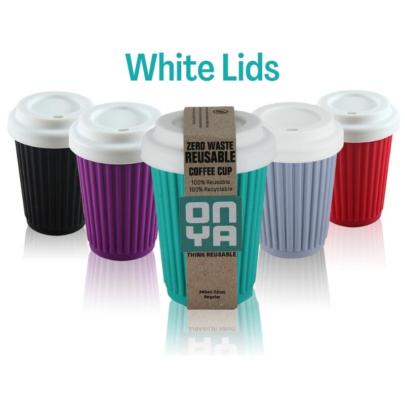 Onya 12 oz reusable coffee mugs with white lids. Cup color options featured are: Black, Purple, Aqua Blue, Gray Blue, and Red. Available at Green Distributors.