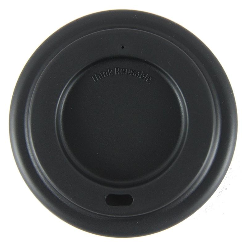 Black silicone replacement or extra lid for 12 oz reusable coffee cup by Onya with the words "Think Reusable". Available at Green Distributors.