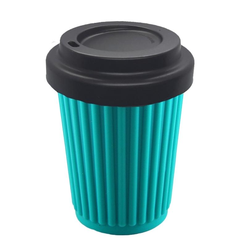 12 oz Onya reusable coffee cup Aqua cup with Black lid. Available at Green Distributors.