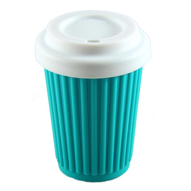 12 oz Onya reusable coffee cup Aqua cup with White lid. Available at Green Distributors.