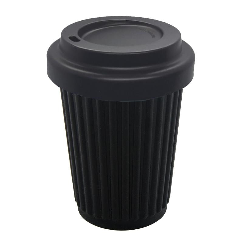 12 oz Onya reusable coffee cup Black cup with Black lid. Available at Green Distributors.