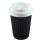 12 oz Onya reusable coffee cup Black cup with White lid. Available at Green Distributors.