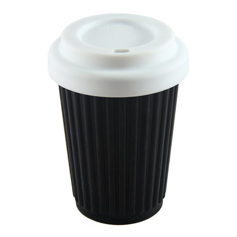 12 oz Onya reusable coffee cup Black cup with White lid. Available at Green Distributors.