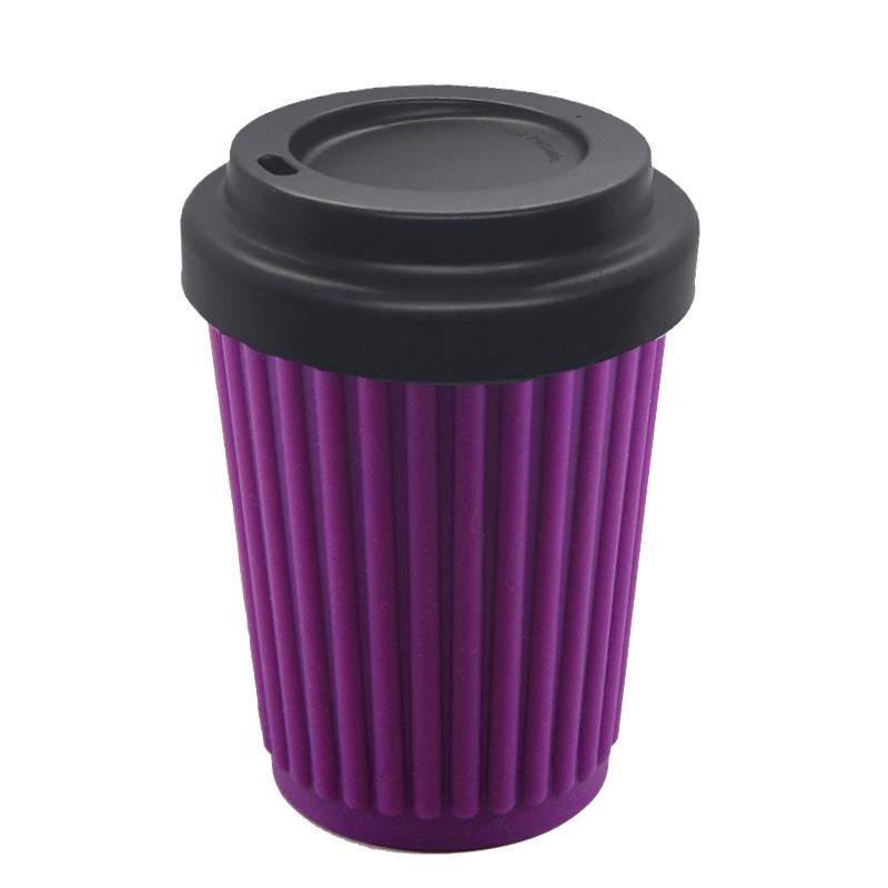 12 oz Onya reusable coffee cup Purple cup with Black lid. Available at Green Distributors.
