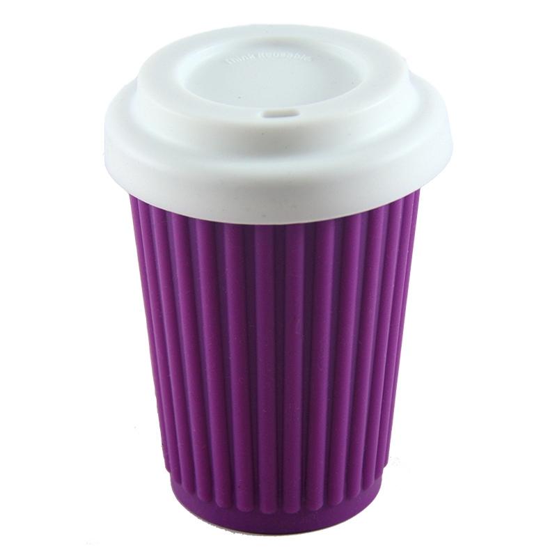 12 oz Onya reusable coffee cup Purple cup with White lid. Available at Green Distributors.