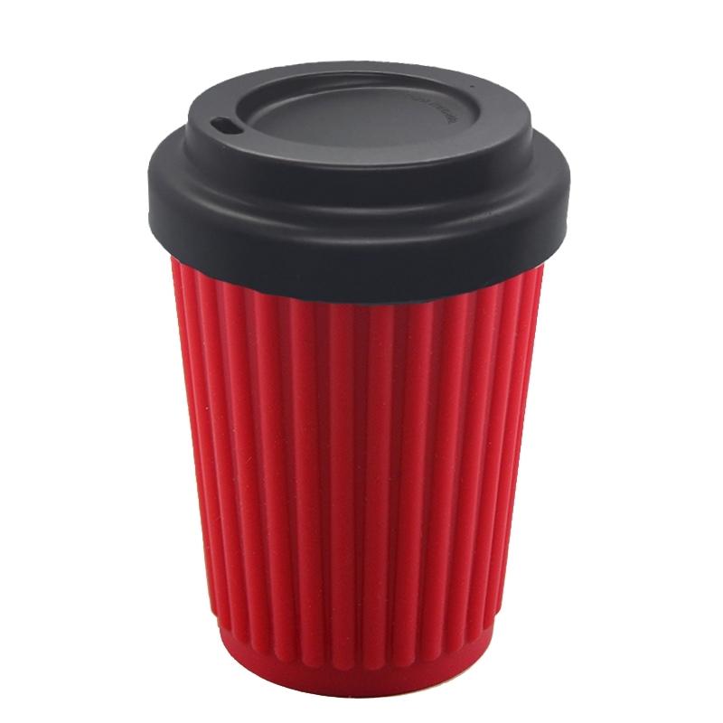 12 oz Onya reusable coffee cup Red cup with Black lid. Available at Green Distributors.