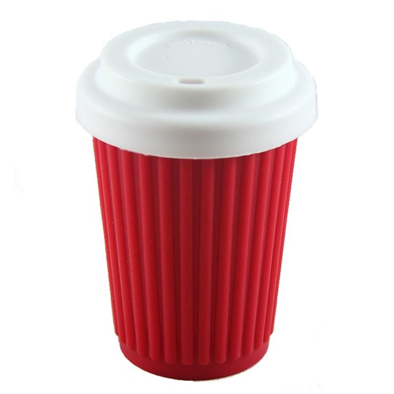 12 oz Onya reusable coffee cup Red cup with White lid. Available at Green Distributors.