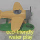 Video of the Green Toys yellow and green seaplane and the blue and yellow submarine floating in a bubble bath. Text says "eco-friendly water play" and "bath toys from milk jugs". Available at Green Distributors.