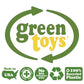 Green Toys logo with five symbols beneath. The symbols are: Made in the USA, Safe/Seguro/Sicher/Sûr, No BPA Phthalates PVC, Recycle Symbol, and 100% Recycled Plastic. Available at Green Distributors.