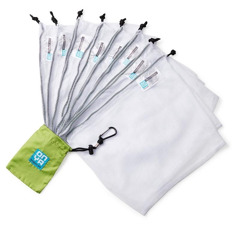 8 pack of Onya reusable produce bag with easy carry apple green pouch with carabiner.  Available at Green Distributors.