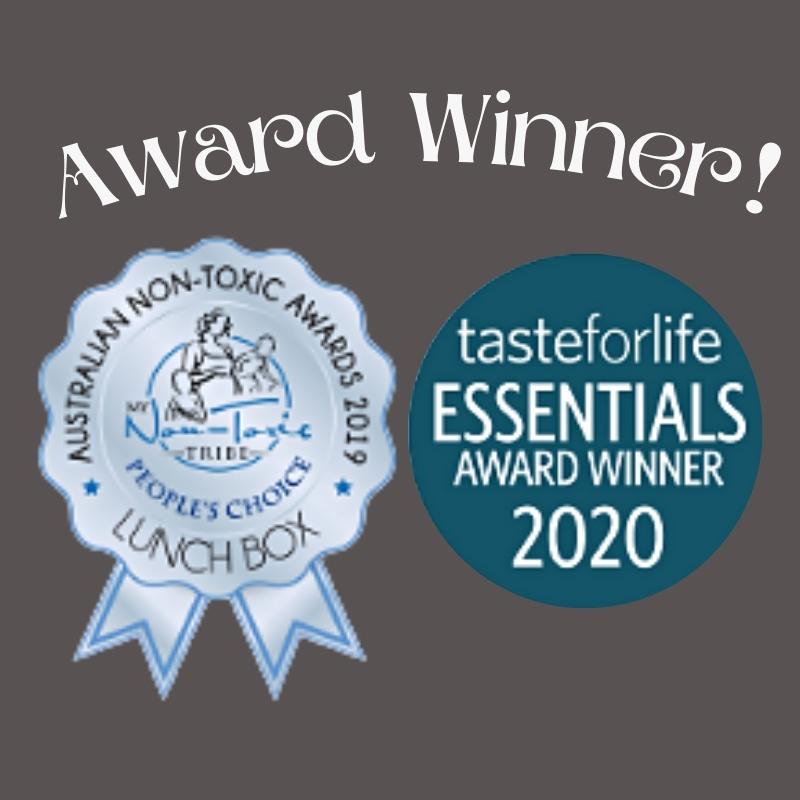 Awards given for Onya Lunch Wrap. 2019 People's Choice: Lunch Box from Australian Non-Toxic Awards (ANTA). 2020 Food Storage Award Winner Food Essentials Award from Taste for Life.