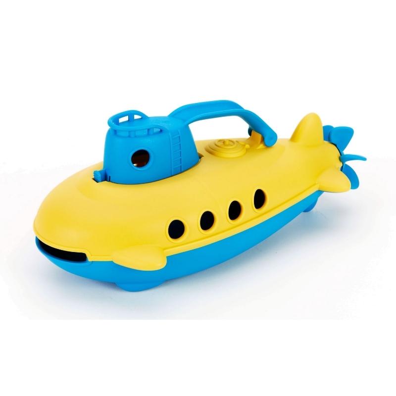 Green Toys blue and yellow submarine with blue cabin handle. The submarine is Facing to the left. Available at Green Distributors.
