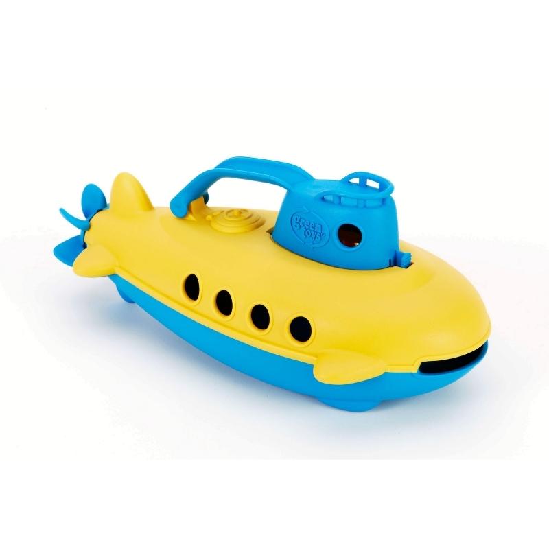Green Toys blue and yellow submarine with blue cabin handle. The submarine is Facing to the right. Available at Green Distributors.