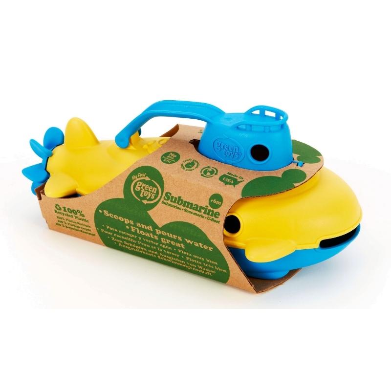 Green Toys blue cabin handle submarine in soy ink printed, cardboard packaging facing to the right. Available at Green Distributors.