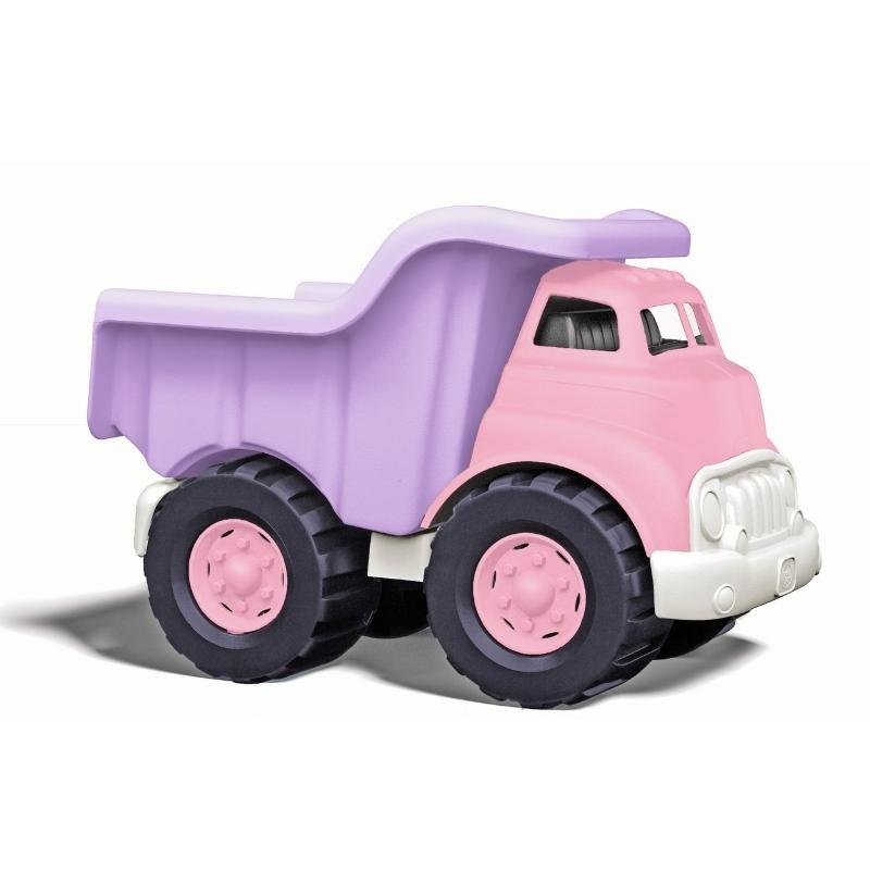 Green Toys Pink Dump Truck with Purple Dump Bucket facing to the right. Available at Green Distributors.