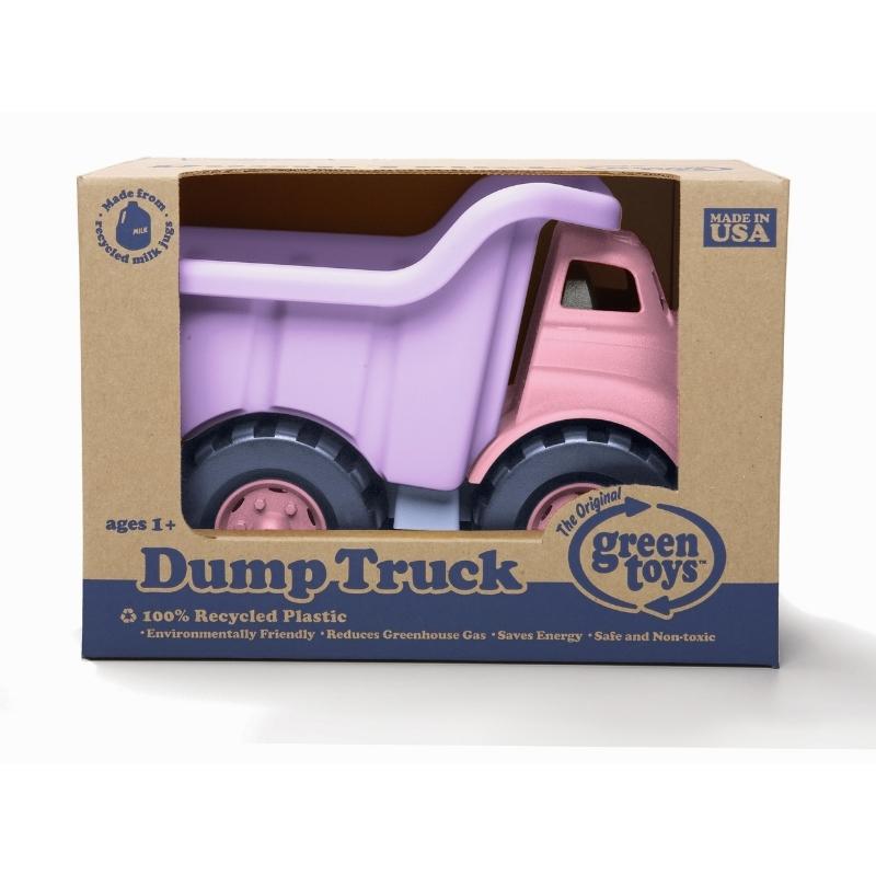 Green Toys Pink Dump Truck with Purple Dump Bucket in cardboard box packaging. Available at Green Distributors.