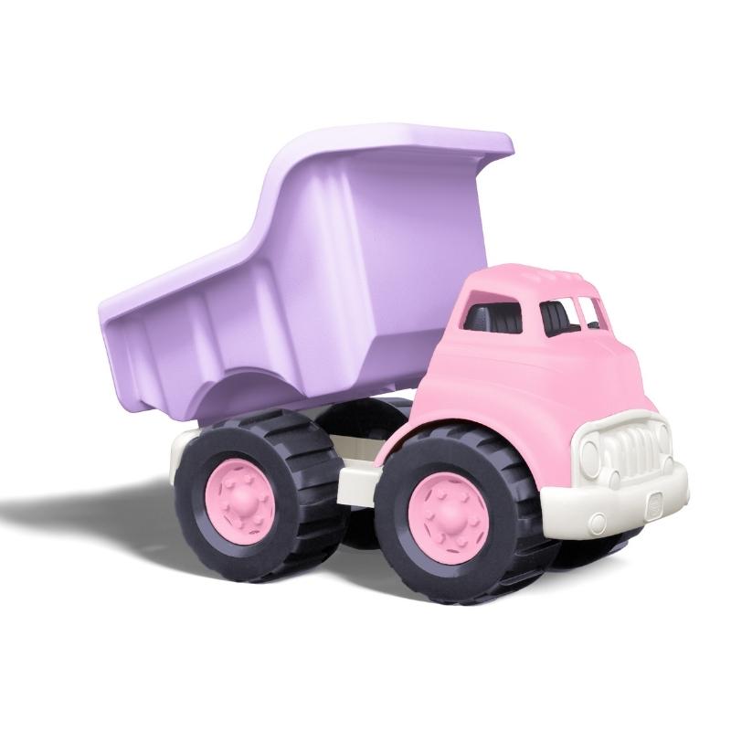 Green Toys Pink Dump Truck with Purple Dump Bucket, which is lifted to simulate dumping a payload. Available at Green Distributors.