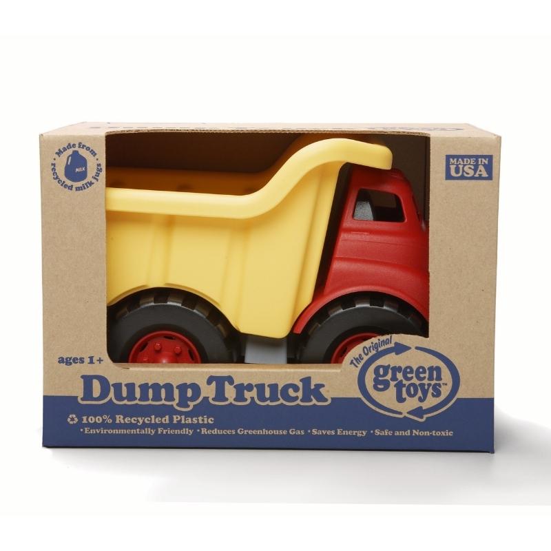 Green Toys Red Dump Truck with Yellow Dump Bucket in cardboard box packaging. Available at Green Distributors.