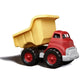 Green Toys Red Dump Truck with Yellow Dump Bucket, which is lifted to simulate dumping a payload. Available at Green Distributors.