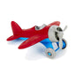 Green Toys Airplane with red wings, blue landing gear, gray propeller, cockpit, and wheels. The airplane is facing to the right. Available at Green Distributors.