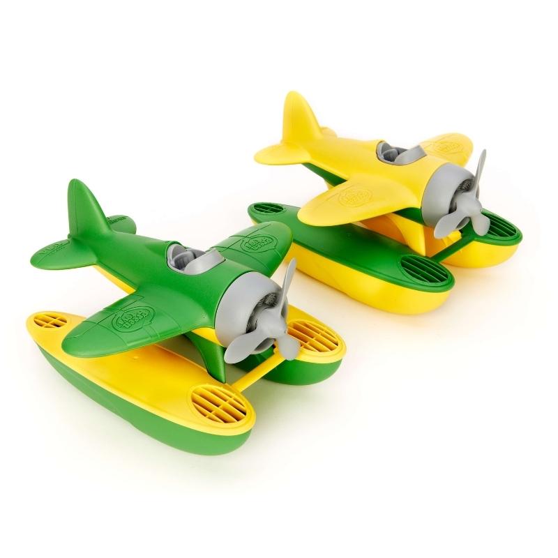 Green Toys yellow wing and green wing seaplanes side by side. Available at Green Distributors.