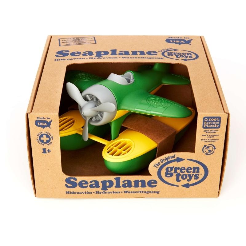 Green Toys green wing seaplane in soy ink printed cardboard box packaging. Available at Green Distributors.
