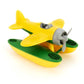 Green Toys seaplane with yellow wings, pontoon floats with green on top and yellow underneath, and gray propeller and cockpit facing to the right. Available at Green Distributors.