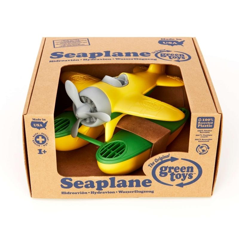 Green Toys yellow wing seaplane in soy ink printed cardboard box packaging. Available at Green Distributors.