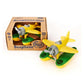 Green Toys yellow wing seaplane in and out of soy ink printed, cardboard box packaging. Available at Green Distributors.