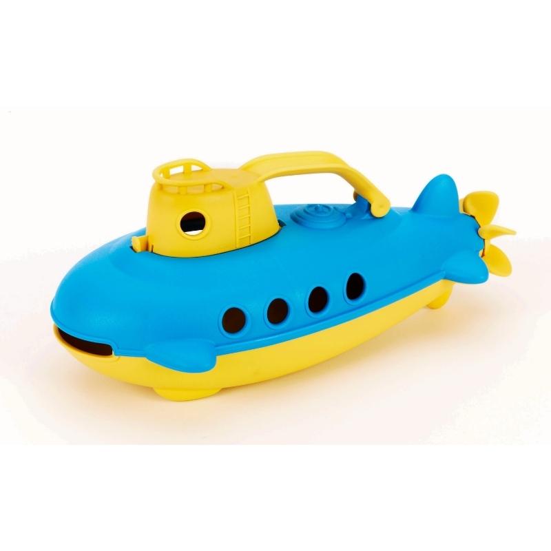 Green Toys blue and yellow submarine with yellow cabin handle. The submarine is Facing to the left. Available at Green Distributors.