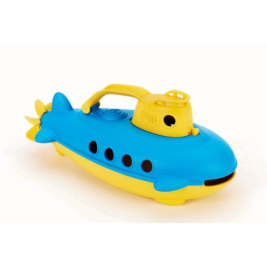 Green Toys blue and yellow submarine with yellow cabin handle. The submarine is Facing to the right. Available at Green Distributors.