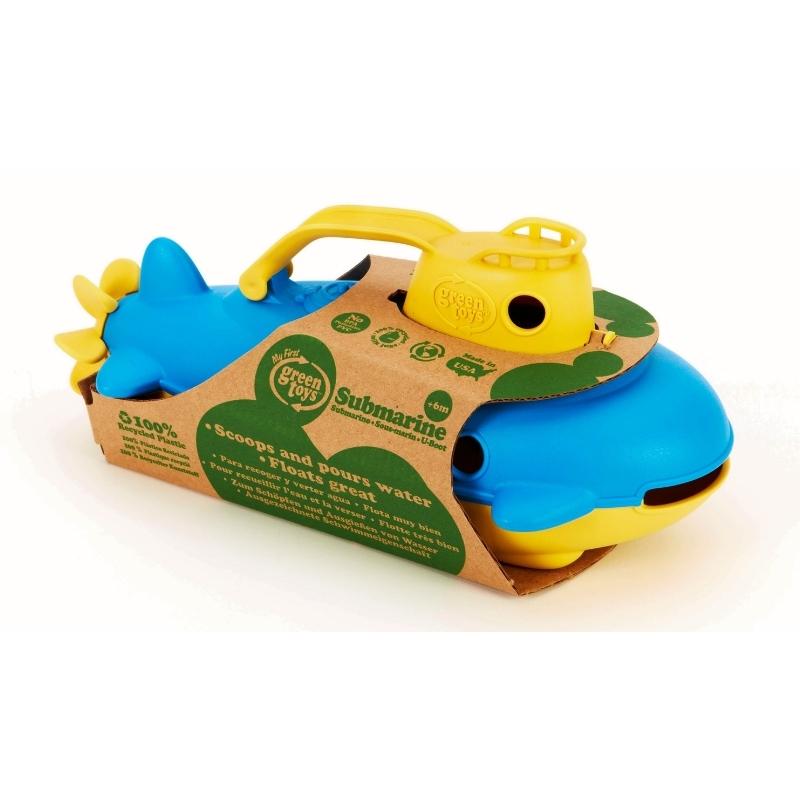 Green Toys yellow cabin handle submarine in soy ink printed, cardboard packaging facing to the right. Available at Green Distributors.