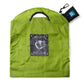 Large apple green reusable shopping bag with a black carry pouch and carabiner. The patch on the bag features the image of a rooster at sunrise with the words Live Local - Buy Local. Available at Green Distributors.