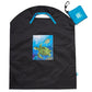 Large black reusable Onya shopping bag with a light blue carry pouch and black carabiner. The patch on the bag is the image of an underwater scene featuring sea turtles swimming by a coral reef. Available at Green Distributors.