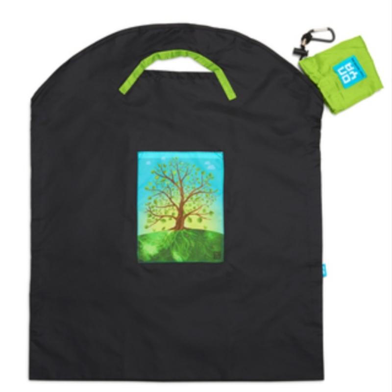 Black Onya large reusable shopping bag with an apple green carry pouch and black carabiner. A rectangular patch on the bag features a tree on a hill at sunrise. Available at Green Distributors.