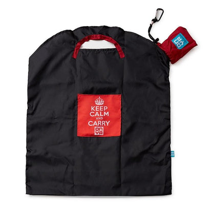 Large black reusable Onya shopping bag with a chili red carry pouch and black carabiner. A white on red patch on the bag reads Keep Calm and Carry ONYA. Available at Green Distributors.