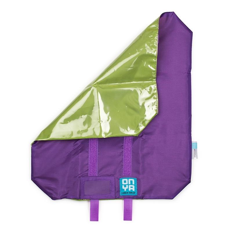 Onya adjustable size reusable lunch wrap in the color Purple with a green apple colored lining and purple velcro enclosure. Available at Green Distributors.